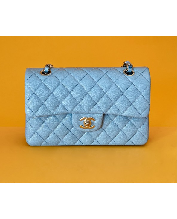22S NH626 Chanel Classic Double Flap Caviar Leather Skye Blue.